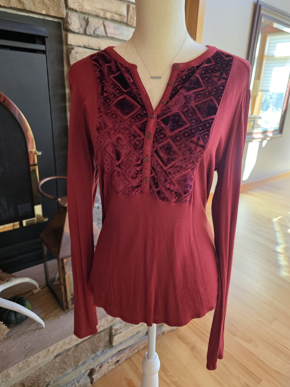 Vintage Lucky Brand Women's Long-Sleeve Burgundy Henley Top with Velvet Panel